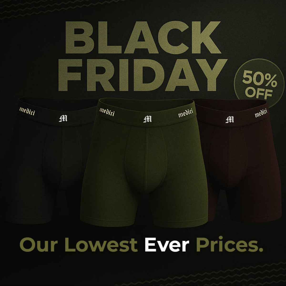 Three pairs of men's underwear with 'media' branding on a black background, featuring 'Black Friday' text and discount offer.